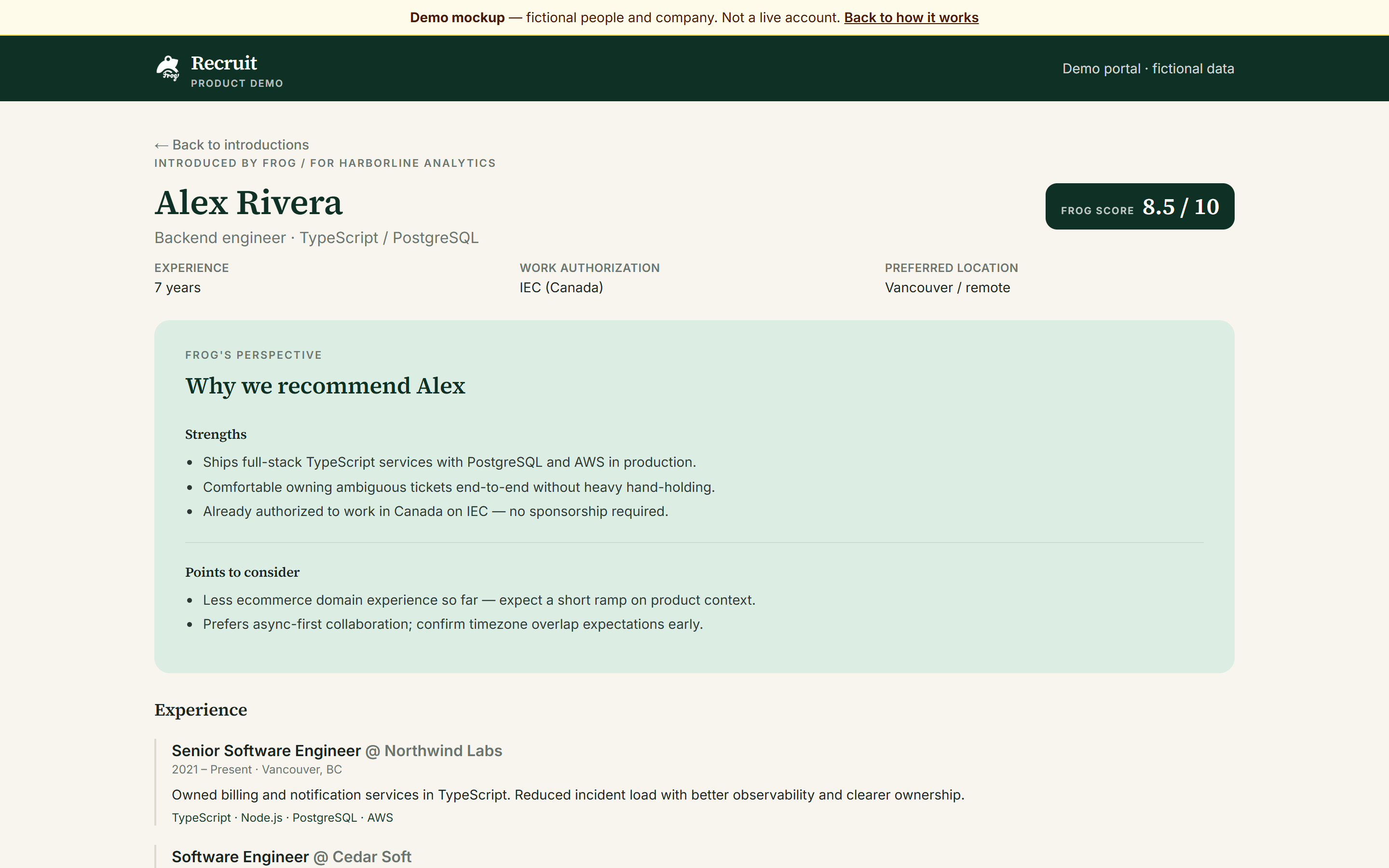 企業向け候補者詳細とフィードバック画面（デモ）